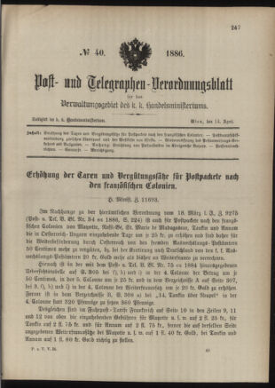 Post- und Telegraphen-Verordnungsblatt für das Verwaltungsgebiet des K.-K. Handelsministeriums 18860414 Seite: 1