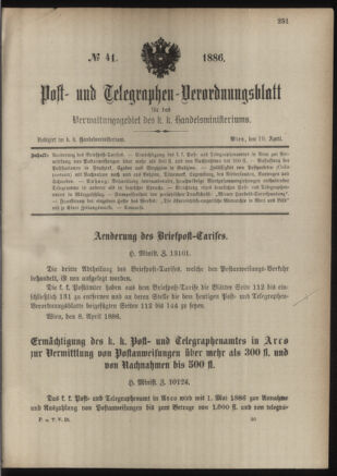 Post- und Telegraphen-Verordnungsblatt für das Verwaltungsgebiet des K.-K. Handelsministeriums 18860419 Seite: 1