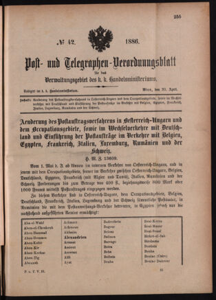 Post- und Telegraphen-Verordnungsblatt für das Verwaltungsgebiet des K.-K. Handelsministeriums 18860420 Seite: 1