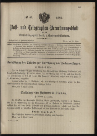 Post- und Telegraphen-Verordnungsblatt für das Verwaltungsgebiet des K.-K. Handelsministeriums 18860423 Seite: 1