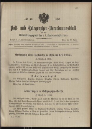 Post- und Telegraphen-Verordnungsblatt für das Verwaltungsgebiet des K.-K. Handelsministeriums 18860425 Seite: 1