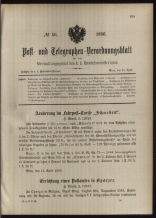 Post- und Telegraphen-Verordnungsblatt für das Verwaltungsgebiet des K.-K. Handelsministeriums 18860429 Seite: 1