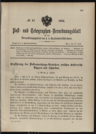 Post- und Telegraphen-Verordnungsblatt für das Verwaltungsgebiet des K.-K. Handelsministeriums 18860430 Seite: 1