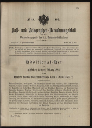 Post- und Telegraphen-Verordnungsblatt für das Verwaltungsgebiet des K.-K. Handelsministeriums 18860504 Seite: 1