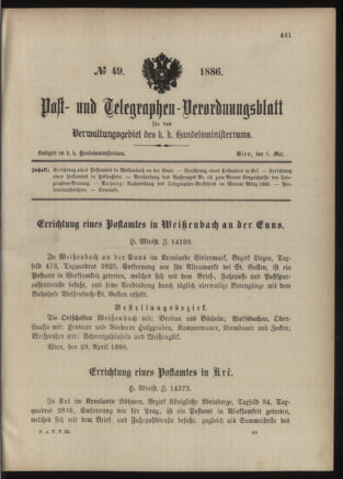 Post- und Telegraphen-Verordnungsblatt für das Verwaltungsgebiet des K.-K. Handelsministeriums 18860506 Seite: 1