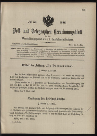 Post- und Telegraphen-Verordnungsblatt für das Verwaltungsgebiet des K.-K. Handelsministeriums 18860508 Seite: 1