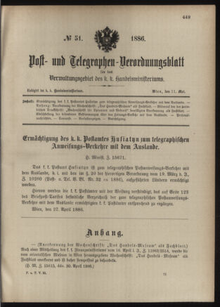 Post- und Telegraphen-Verordnungsblatt für das Verwaltungsgebiet des K.-K. Handelsministeriums 18860511 Seite: 1