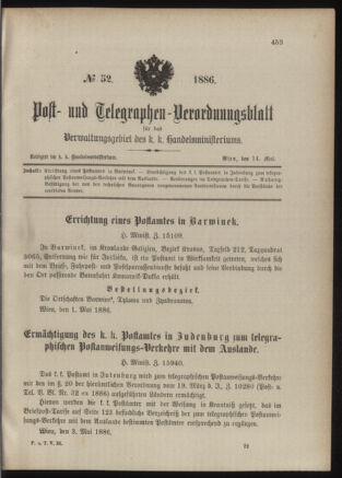 Post- und Telegraphen-Verordnungsblatt für das Verwaltungsgebiet des K.-K. Handelsministeriums 18860514 Seite: 1