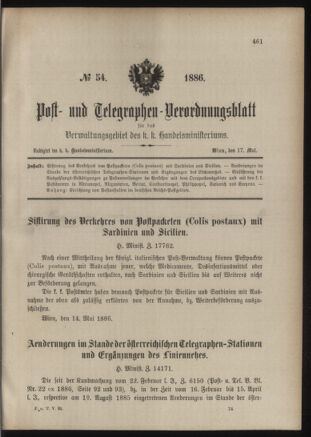 Post- und Telegraphen-Verordnungsblatt für das Verwaltungsgebiet des K.-K. Handelsministeriums 18860517 Seite: 1