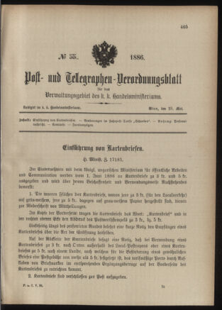 Post- und Telegraphen-Verordnungsblatt für das Verwaltungsgebiet des K.-K. Handelsministeriums 18860525 Seite: 1