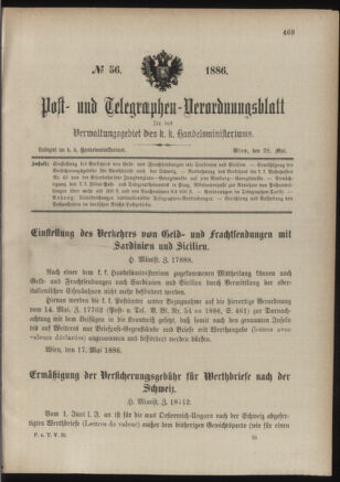 Post- und Telegraphen-Verordnungsblatt für das Verwaltungsgebiet des K.-K. Handelsministeriums 18860528 Seite: 1