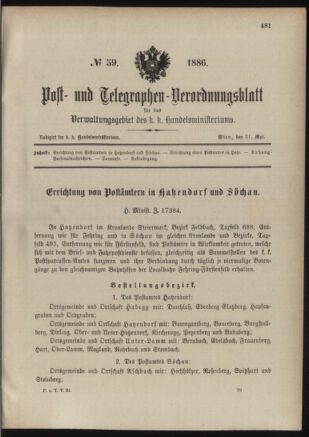 Post- und Telegraphen-Verordnungsblatt für das Verwaltungsgebiet des K.-K. Handelsministeriums 18860531 Seite: 1