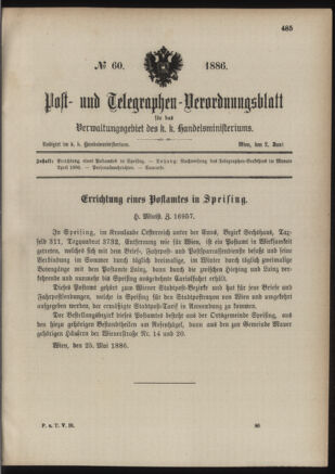 Post- und Telegraphen-Verordnungsblatt für das Verwaltungsgebiet des K.-K. Handelsministeriums 18860602 Seite: 1