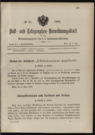 Post- und Telegraphen-Verordnungsblatt für das Verwaltungsgebiet des K.-K. Handelsministeriums 18860605 Seite: 1