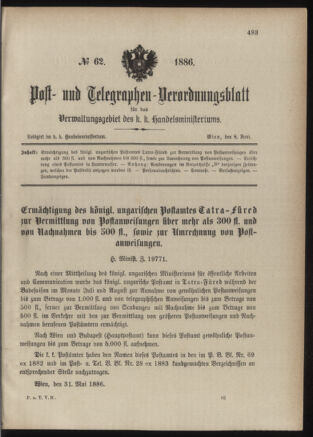 Post- und Telegraphen-Verordnungsblatt für das Verwaltungsgebiet des K.-K. Handelsministeriums 18860608 Seite: 1