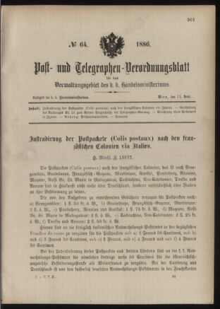 Post- und Telegraphen-Verordnungsblatt für das Verwaltungsgebiet des K.-K. Handelsministeriums 18860614 Seite: 1