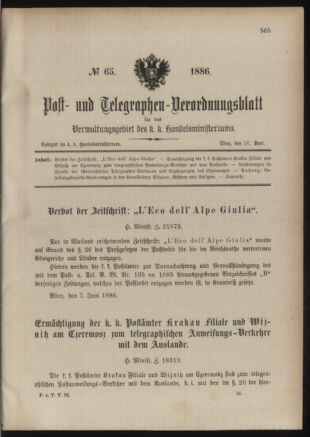 Post- und Telegraphen-Verordnungsblatt für das Verwaltungsgebiet des K.-K. Handelsministeriums 18860616 Seite: 1