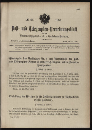 Post- und Telegraphen-Verordnungsblatt für das Verwaltungsgebiet des K.-K. Handelsministeriums 18860620 Seite: 1