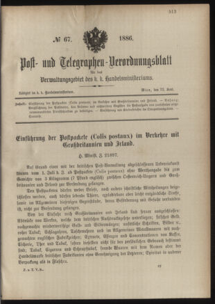 Post- und Telegraphen-Verordnungsblatt für das Verwaltungsgebiet des K.-K. Handelsministeriums 18860622 Seite: 1