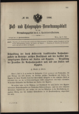 Post- und Telegraphen-Verordnungsblatt für das Verwaltungsgebiet des K.-K. Handelsministeriums 18860626 Seite: 1