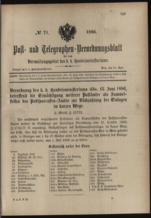 Post- und Telegraphen-Verordnungsblatt für das Verwaltungsgebiet des K.-K. Handelsministeriums 18860630 Seite: 1