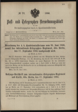 Post- und Telegraphen-Verordnungsblatt für das Verwaltungsgebiet des K.-K. Handelsministeriums 18860701 Seite: 1