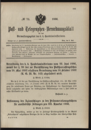 Post- und Telegraphen-Verordnungsblatt für das Verwaltungsgebiet des K.-K. Handelsministeriums 18860704 Seite: 1