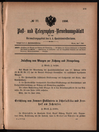 Post- und Telegraphen-Verordnungsblatt für das Verwaltungsgebiet des K.-K. Handelsministeriums 18860707 Seite: 1