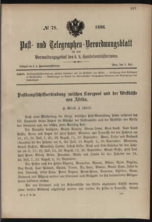 Post- und Telegraphen-Verordnungsblatt für das Verwaltungsgebiet des K.-K. Handelsministeriums 18860709 Seite: 1