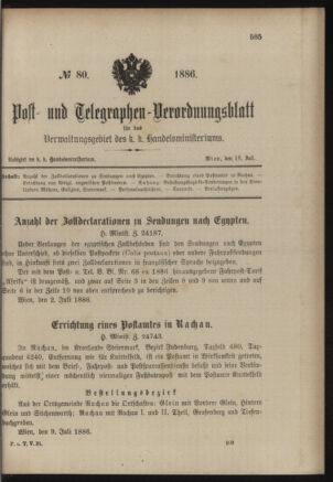 Post- und Telegraphen-Verordnungsblatt für das Verwaltungsgebiet des K.-K. Handelsministeriums 18860716 Seite: 1