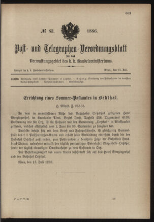 Post- und Telegraphen-Verordnungsblatt für das Verwaltungsgebiet des K.-K. Handelsministeriums 18860722 Seite: 1