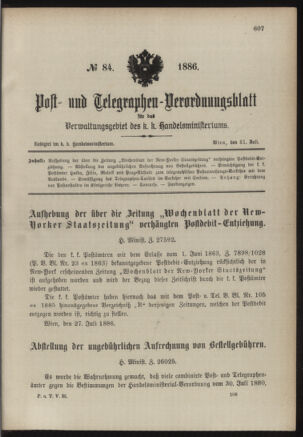 Post- und Telegraphen-Verordnungsblatt für das Verwaltungsgebiet des K.-K. Handelsministeriums 18860731 Seite: 1