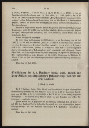 Post- und Telegraphen-Verordnungsblatt für das Verwaltungsgebiet des K.-K. Handelsministeriums 18860731 Seite: 2