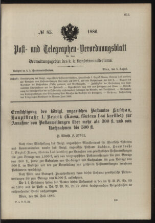 Post- und Telegraphen-Verordnungsblatt für das Verwaltungsgebiet des K.-K. Handelsministeriums 18860804 Seite: 1