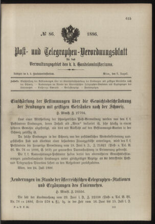 Post- und Telegraphen-Verordnungsblatt für das Verwaltungsgebiet des K.-K. Handelsministeriums 18860806 Seite: 1