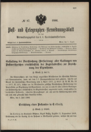 Post- und Telegraphen-Verordnungsblatt für das Verwaltungsgebiet des K.-K. Handelsministeriums 18860808 Seite: 1