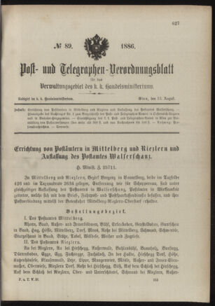 Post- und Telegraphen-Verordnungsblatt für das Verwaltungsgebiet des K.-K. Handelsministeriums 18860813 Seite: 1