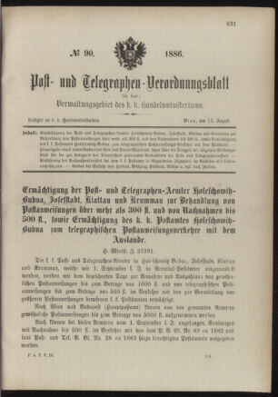 Post- und Telegraphen-Verordnungsblatt für das Verwaltungsgebiet des K.-K. Handelsministeriums 18860814 Seite: 1