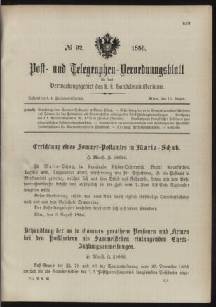 Post- und Telegraphen-Verordnungsblatt für das Verwaltungsgebiet des K.-K. Handelsministeriums 18860816 Seite: 1