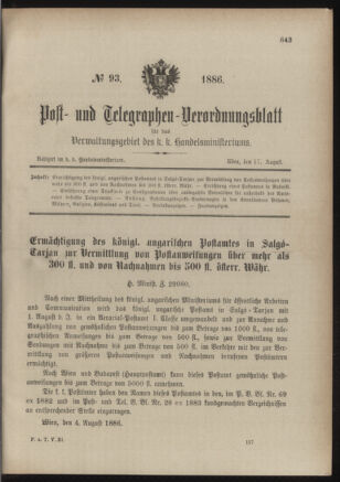 Post- und Telegraphen-Verordnungsblatt für das Verwaltungsgebiet des K.-K. Handelsministeriums 18860817 Seite: 1