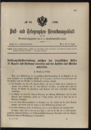 Post- und Telegraphen-Verordnungsblatt für das Verwaltungsgebiet des K.-K. Handelsministeriums 18860824 Seite: 1