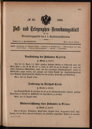 Post- und Telegraphen-Verordnungsblatt für das Verwaltungsgebiet des K.-K. Handelsministeriums 18860828 Seite: 1