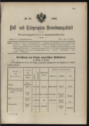 Post- und Telegraphen-Verordnungsblatt für das Verwaltungsgebiet des K.-K. Handelsministeriums 18860830 Seite: 1