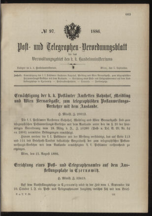 Post- und Telegraphen-Verordnungsblatt für das Verwaltungsgebiet des K.-K. Handelsministeriums 18860905 Seite: 1