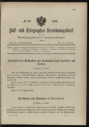 Post- und Telegraphen-Verordnungsblatt für das Verwaltungsgebiet des K.-K. Handelsministeriums 18860908 Seite: 1