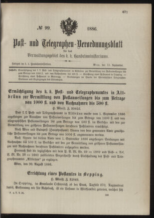 Post- und Telegraphen-Verordnungsblatt für das Verwaltungsgebiet des K.-K. Handelsministeriums 18860910 Seite: 1