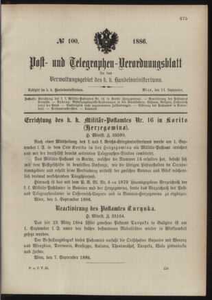 Post- und Telegraphen-Verordnungsblatt für das Verwaltungsgebiet des K.-K. Handelsministeriums 18860914 Seite: 1