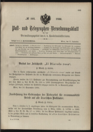 Post- und Telegraphen-Verordnungsblatt für das Verwaltungsgebiet des K.-K. Handelsministeriums 18860921 Seite: 1