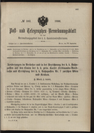 Post- und Telegraphen-Verordnungsblatt für das Verwaltungsgebiet des K.-K. Handelsministeriums 18860922 Seite: 1