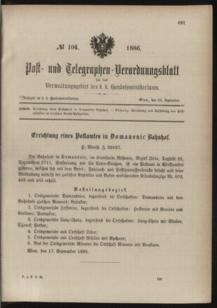 Post- und Telegraphen-Verordnungsblatt für das Verwaltungsgebiet des K.-K. Handelsministeriums 18860923 Seite: 1